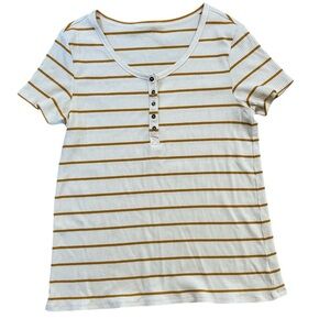 American Eagle Striped Short Sleeve Henley Top Shirt Yellow Cream Medium M